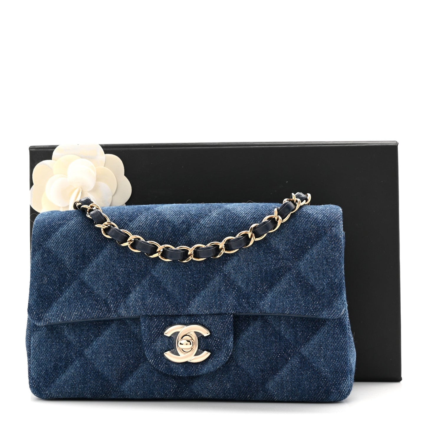 Printed Denim Quilted Mini Rectangular Flap Dark Blue