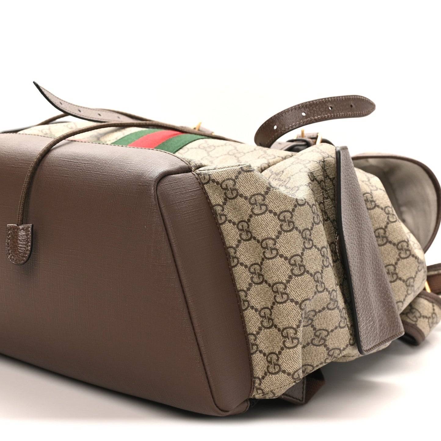 GG Supreme Monogram Medium Ophidia Double Buckle Backpack Brown