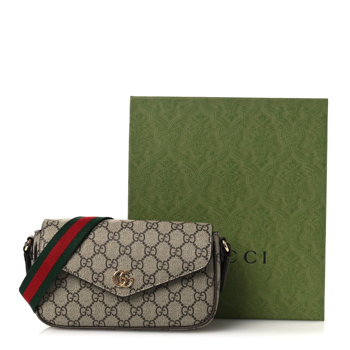 GG Supreme Monogram Textured Dollar Calfskin Web Mini Ophidia Envelope Shoulder Bag Beige Ebony New Acero