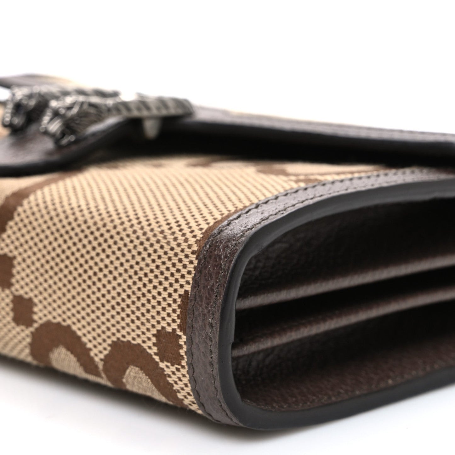 Monogram Jumbo GG Textured Dollar Calfskin Mini Dionysus Chain Wallet Camel Ebony New Acero