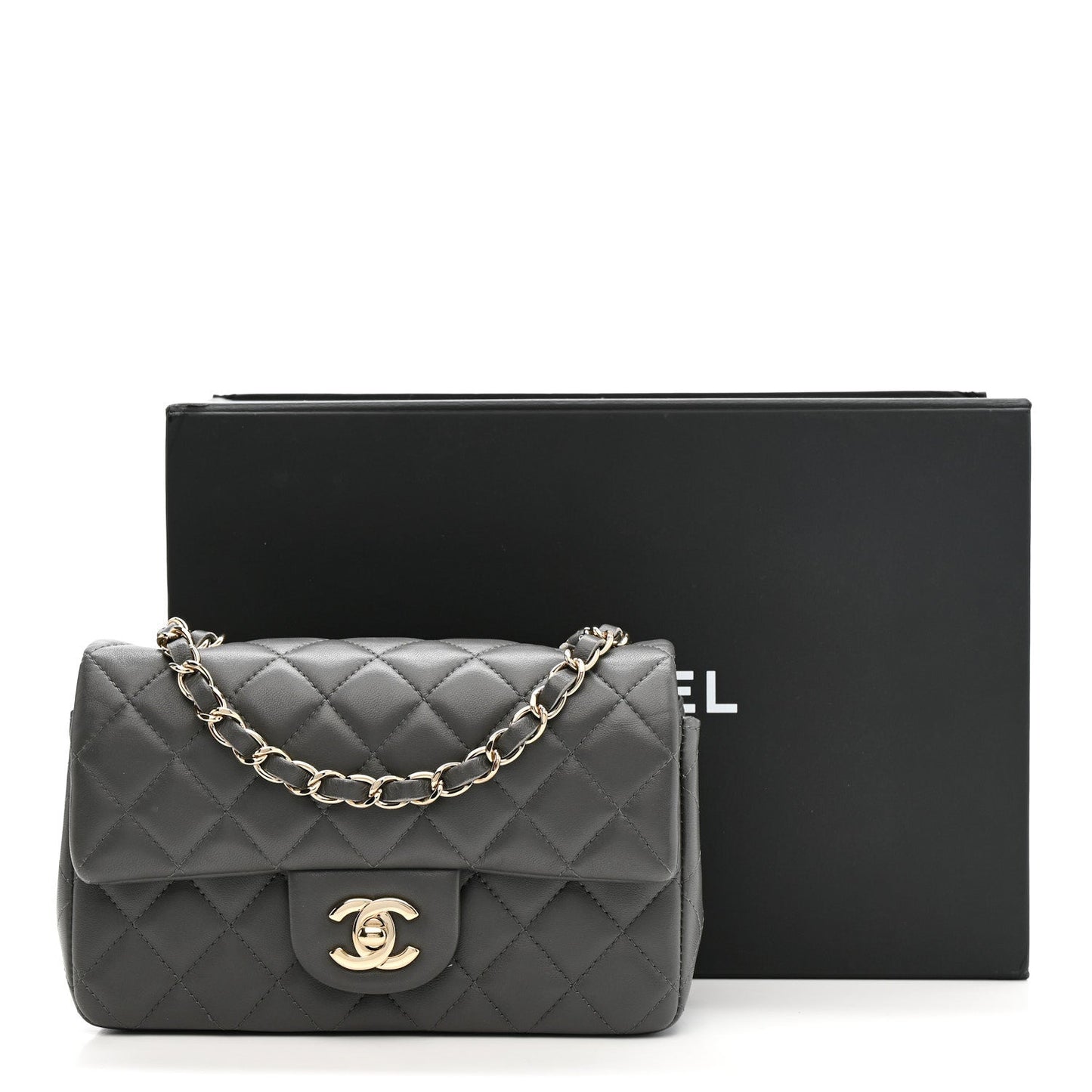 Lambskin Quilted Mini Rectangular Flap Dark Grey