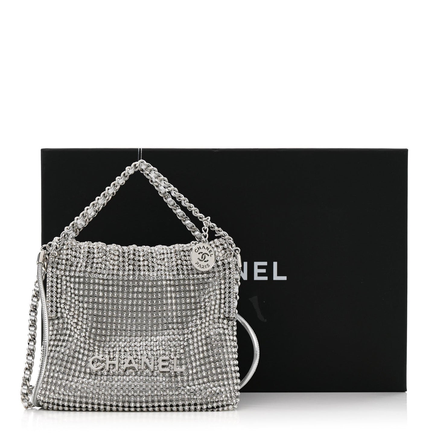 Crystal Embellished Metallic Lambskin Mini Chanel 22 Silver