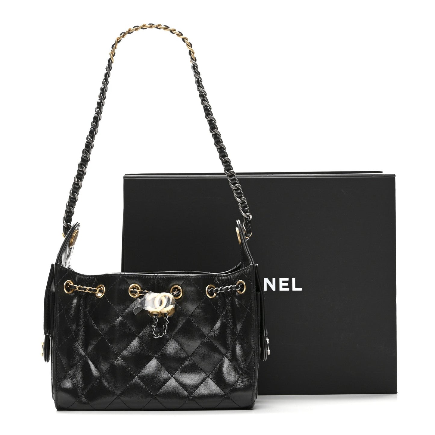 Shiny Crumpled Quilted Mini Chanel 25 Handbag Black