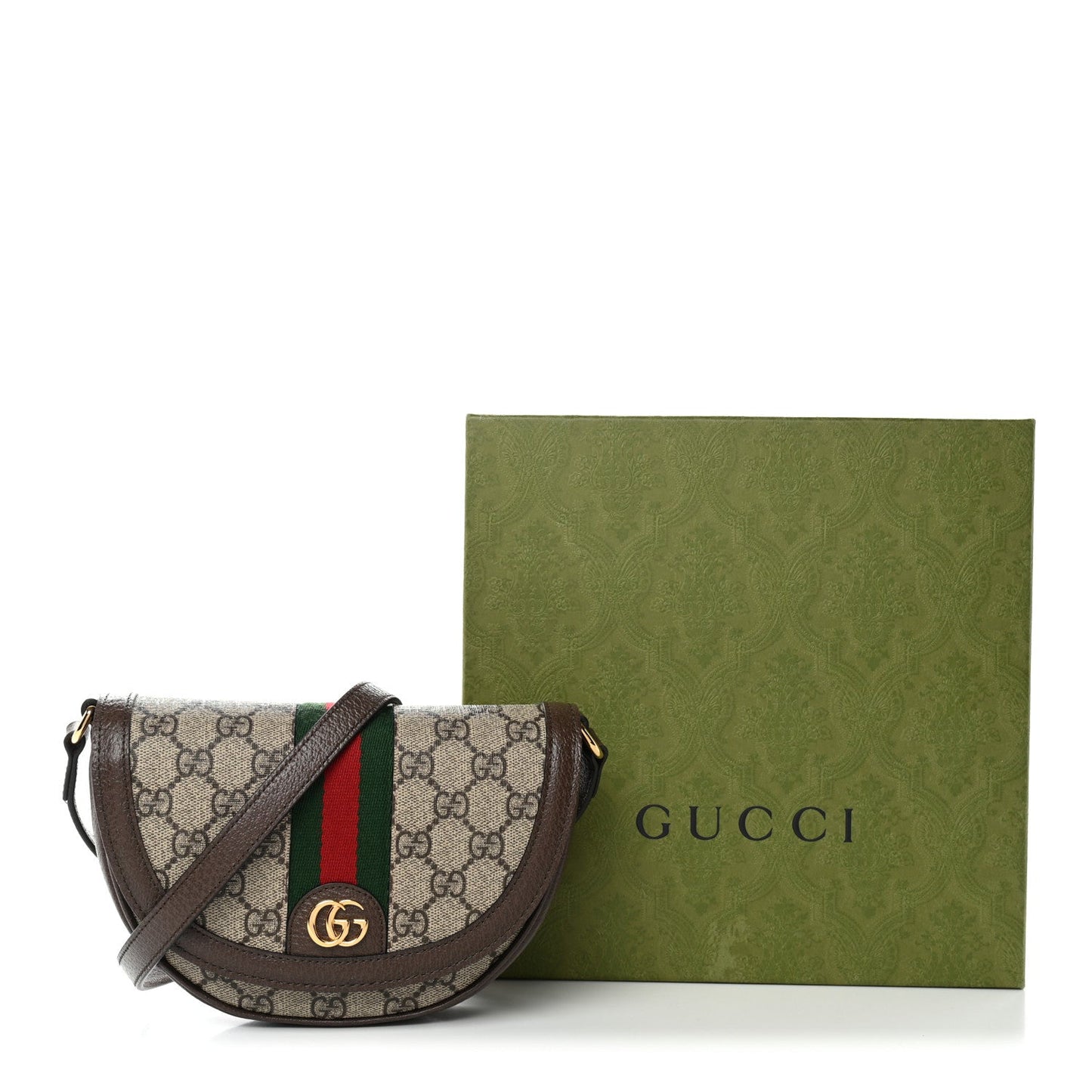 GG Supreme Monogram Textured Dollar Calfskin Web Mini Ophidia Flap Shoulder Bag Beige Ebony New Acero