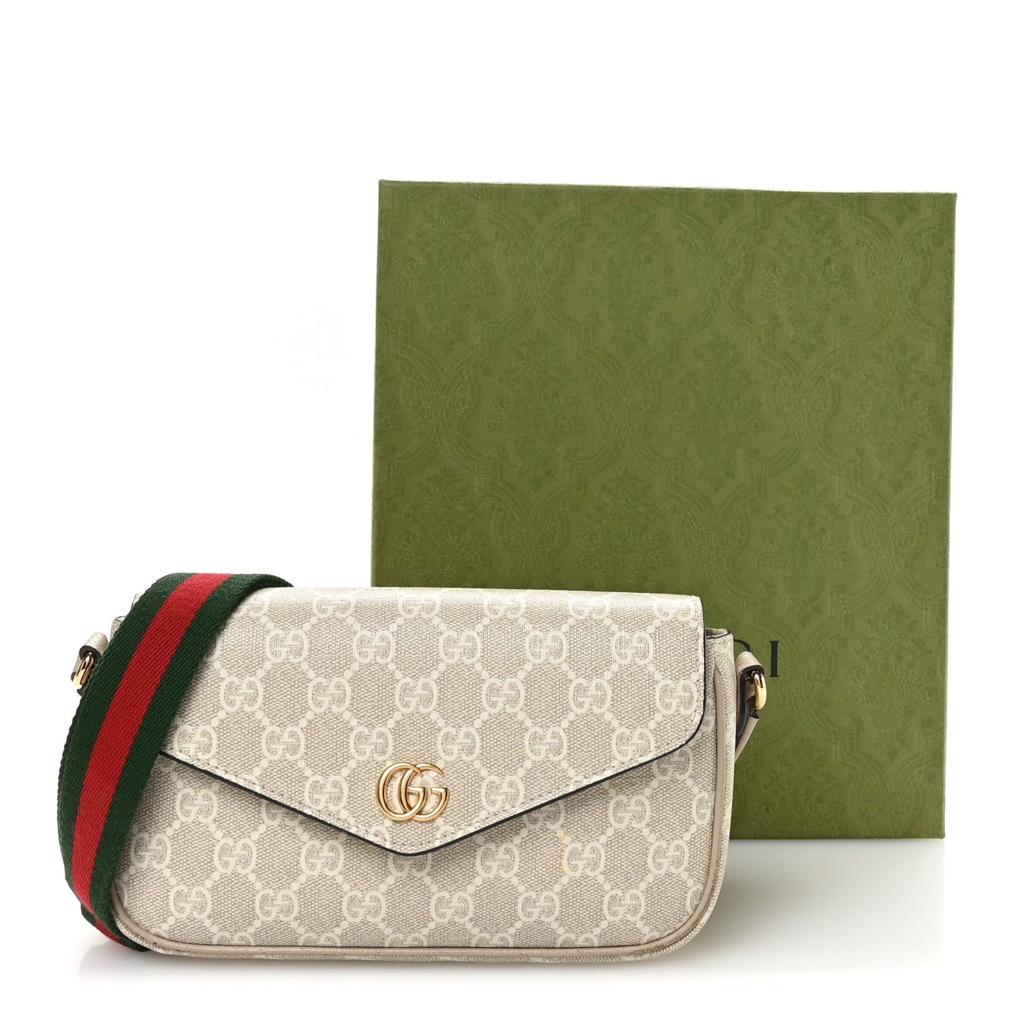 GG Supreme Monogram Textured Dollar Calfskin Web Mini Ophidia Envelope Shoulder Bag Beige Mystic White Oatmeal