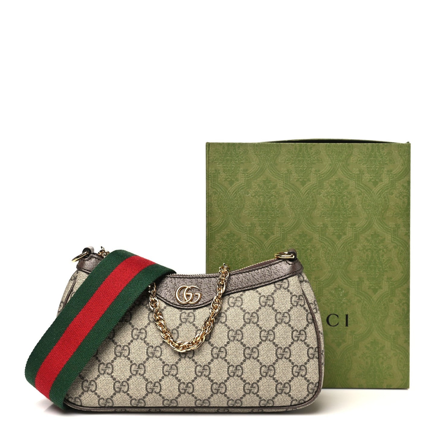 GG Supreme Monogram Textured Dollar Calfskin Web Small Ophidia GG Handbag Beige Ebony New Acero