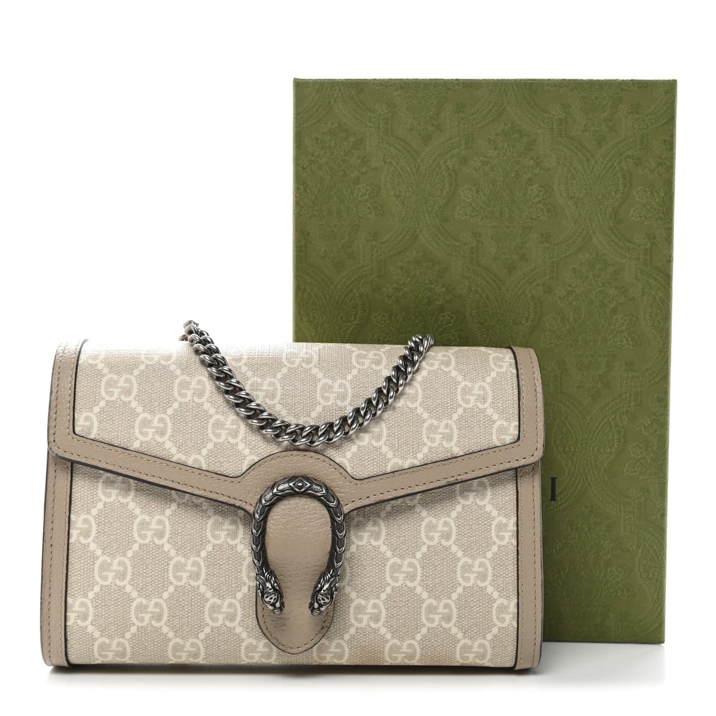 GG Supreme Monogram Textured Dollar Calfskin Mini Dionysus Chain Wallet Beige Mystic White Oatmeal