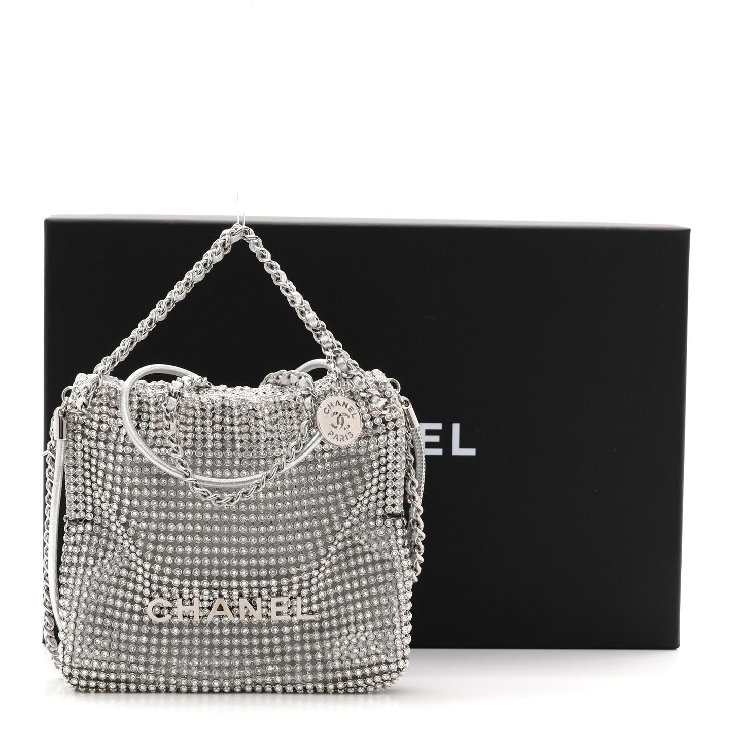 Crystal Embellished Metallic Lambskin Mini Chanel 22 Silver