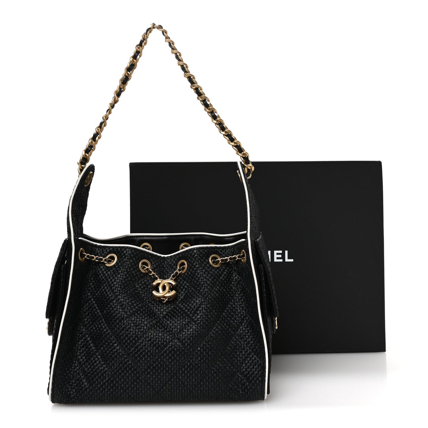 Braided Raffia Calfskin Small Chanel 25 Handbag Black White