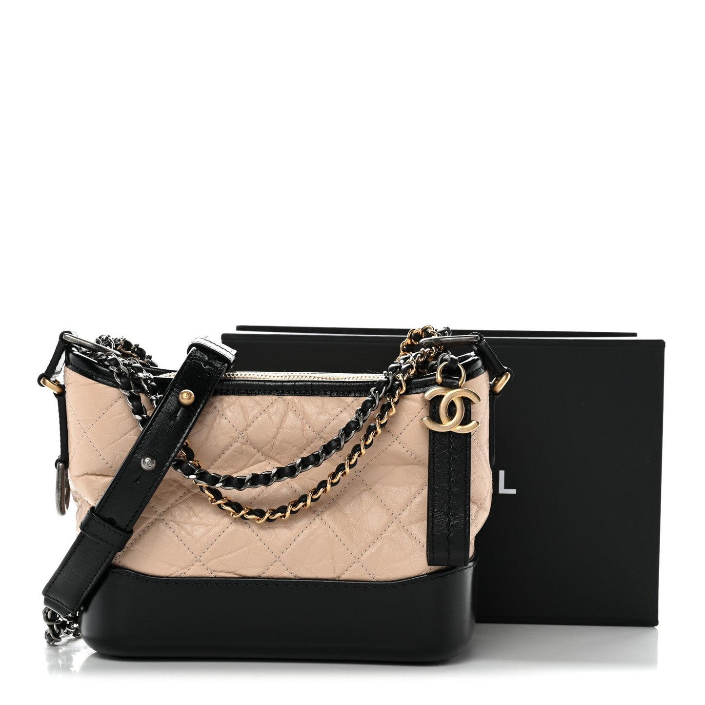Aged Calfskin Quilted Small Gabrielle Hobo Beige Black