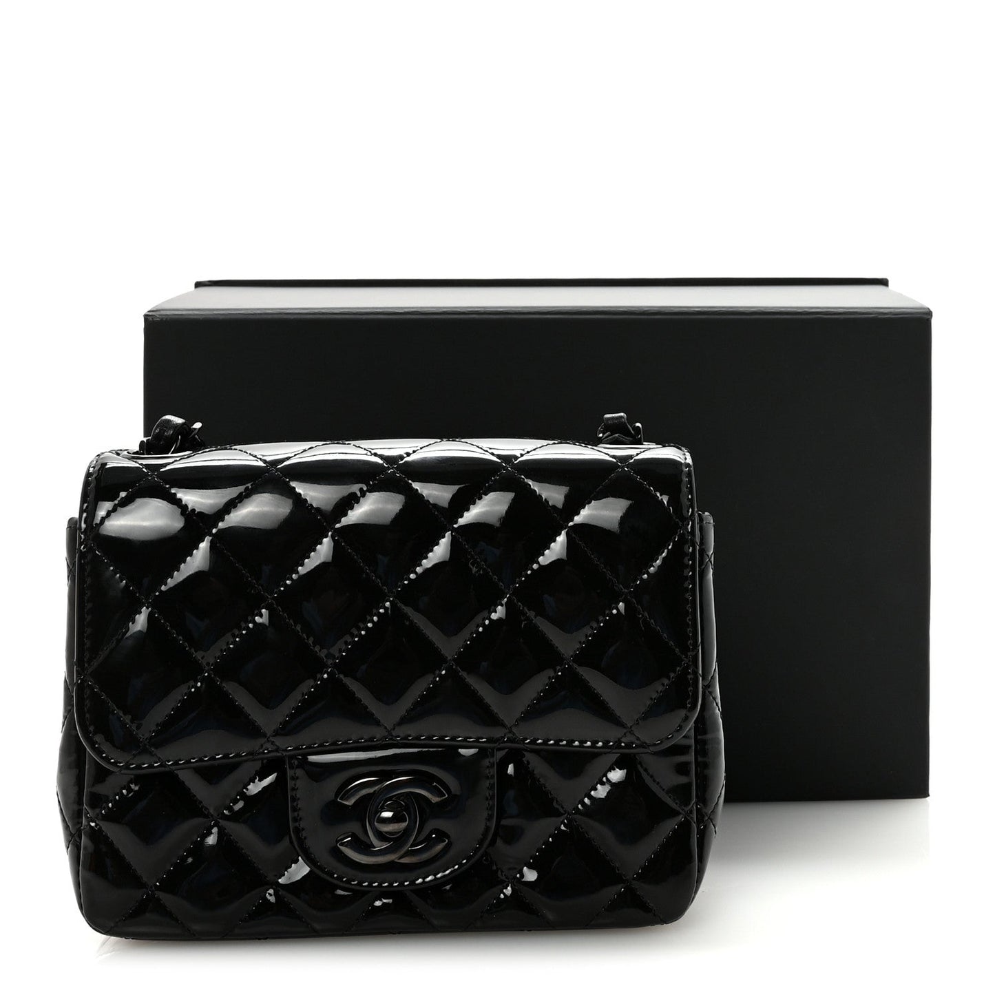 Patent Calfskin Quilted Mini Square Flap So Black