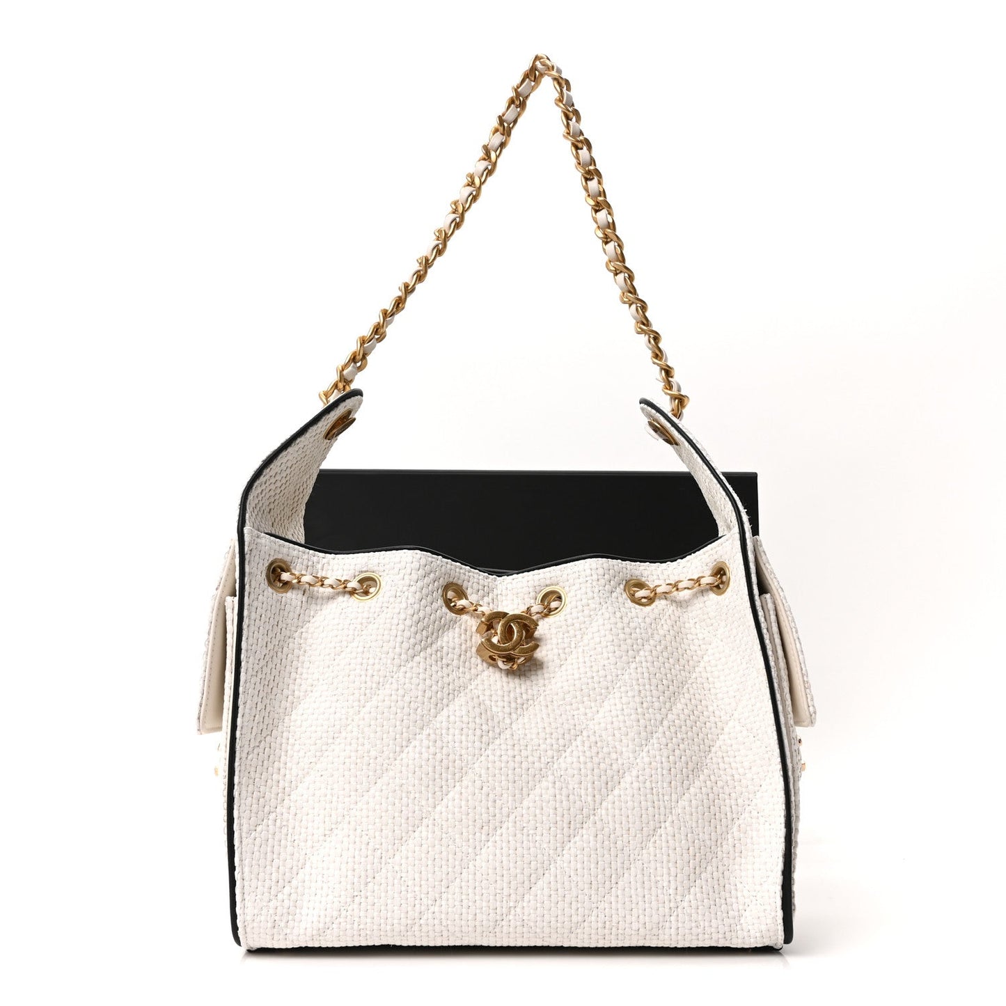 Braided Raffia Calfskin Quilted Small Chanel 25 Handbag White Black