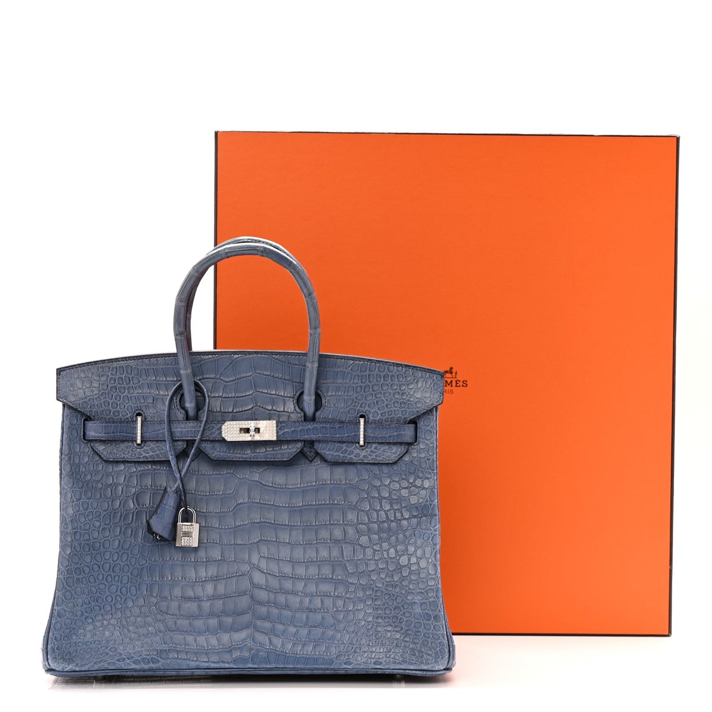 Matte Porosus Crocodile 18K White Gold Diamond Birkin 35 Bleu Brighton