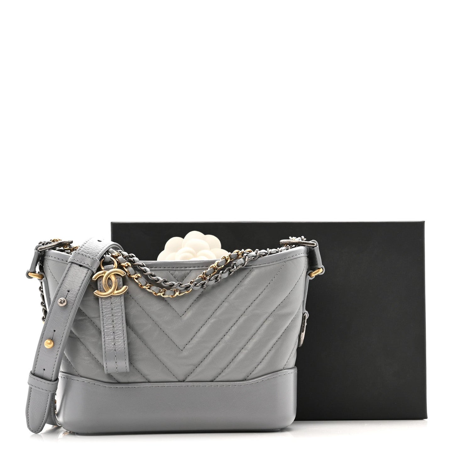 Aged Calfskin Chevron Quilted Small Gabrielle Hobo Grey