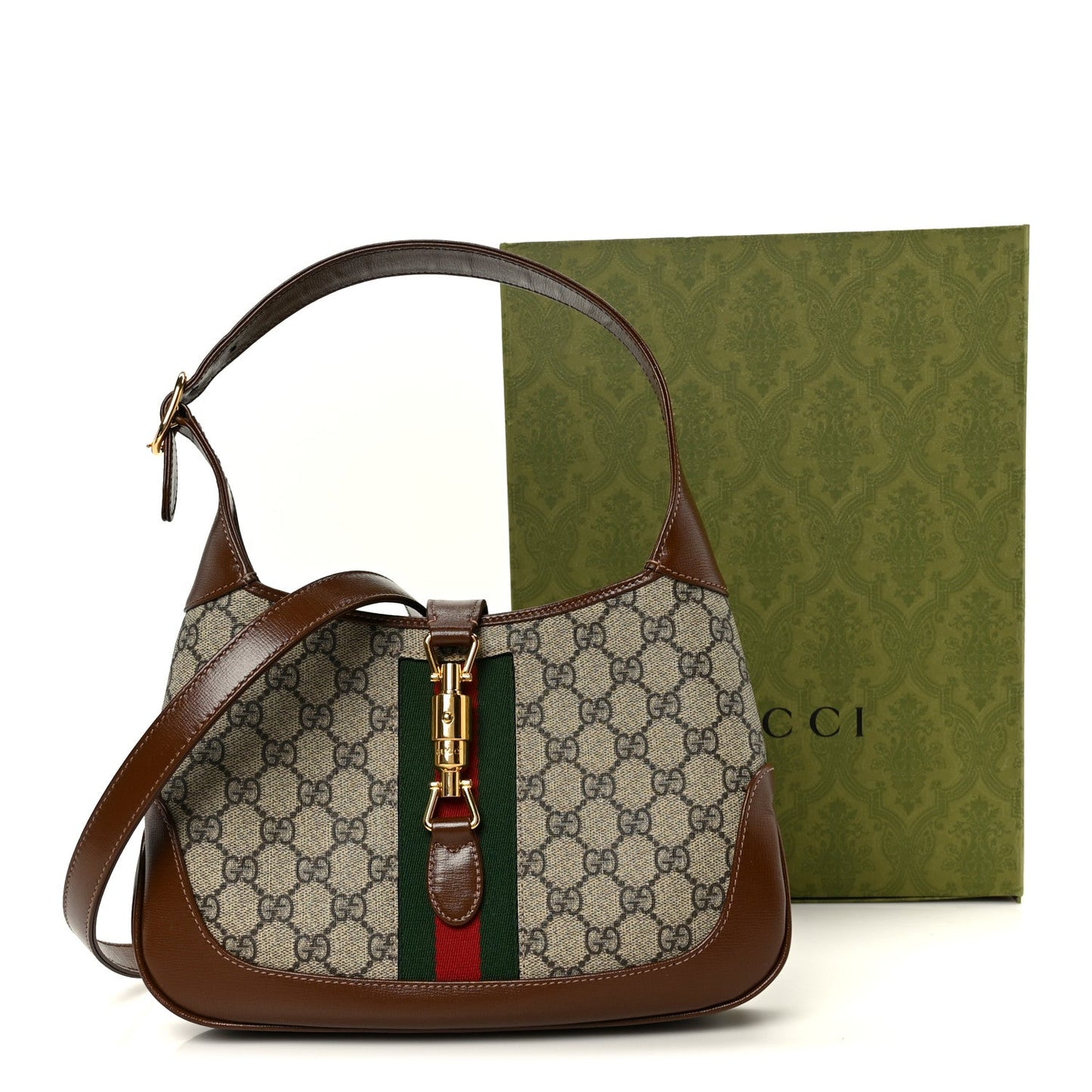 GG Supreme Monogram Azalea Calfskin Web Small Jackie 1961 Hobo Beige Ebony Brown Sugar