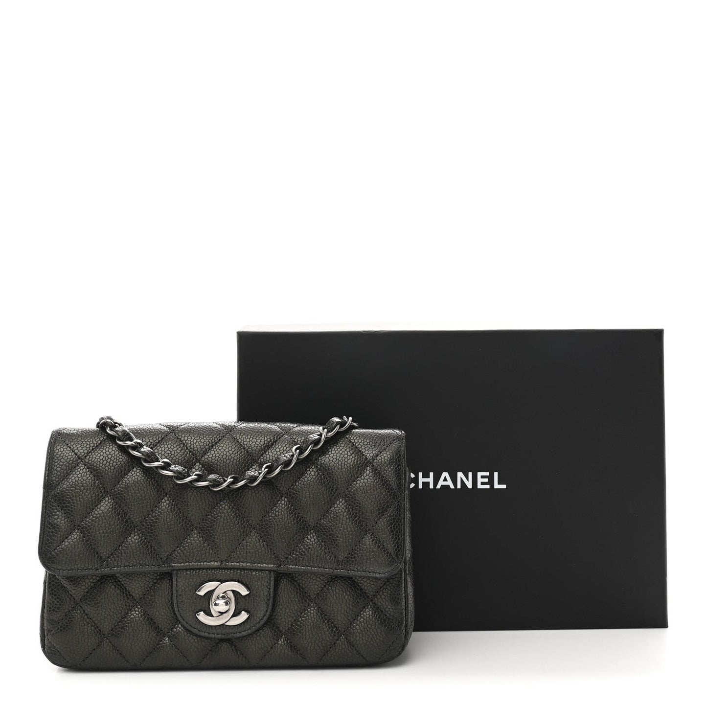 Metallic Caviar Quilted Mini Rectangular Flap Dark Grey