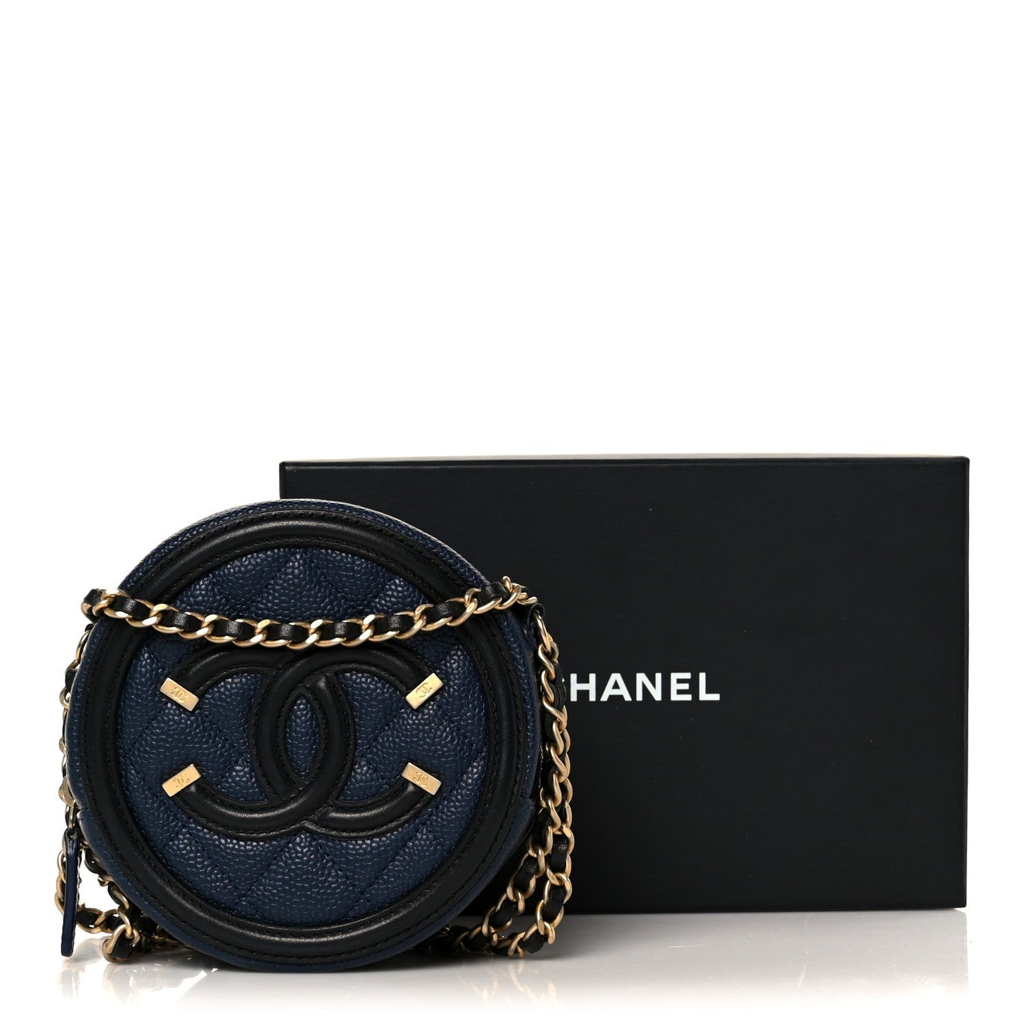Caviar Quilted Round Filigree Crossbody Navy Black