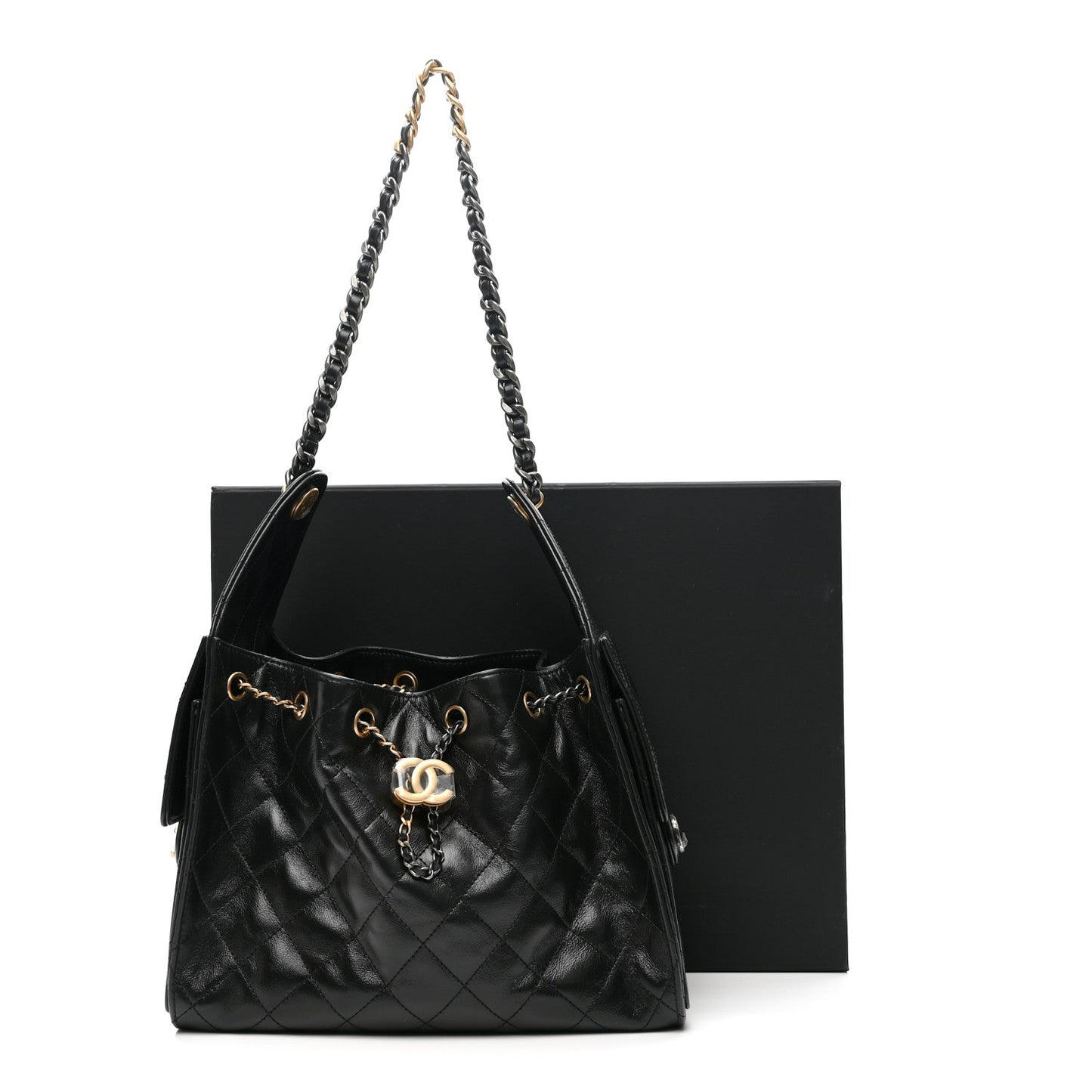 Shiny Crumpled Calfskin Quilted Small Chanel 25 Handbag Black