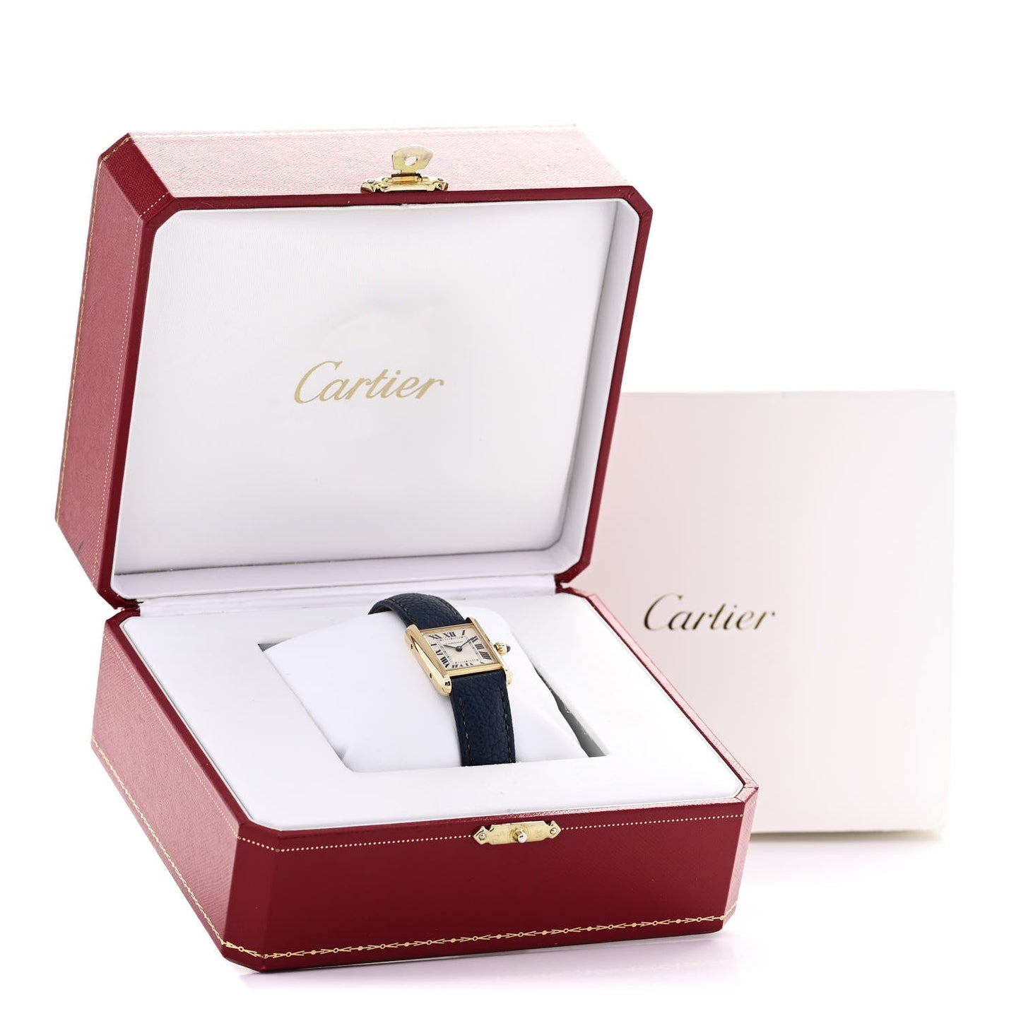 18K Yellow Gold Calfskin 22mm Tank Louis Quartz Watch Blue