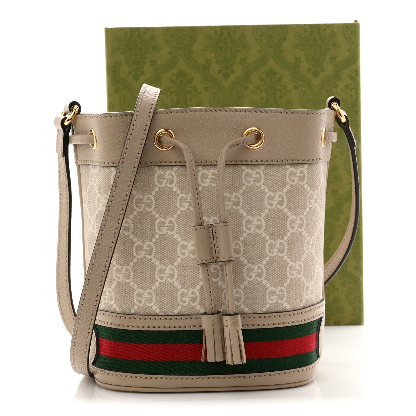 GG Supreme Monogram Textured Calfskin Web Mini Ophidia Bucket Bag Beige Ebony Mystic White Oatmeal