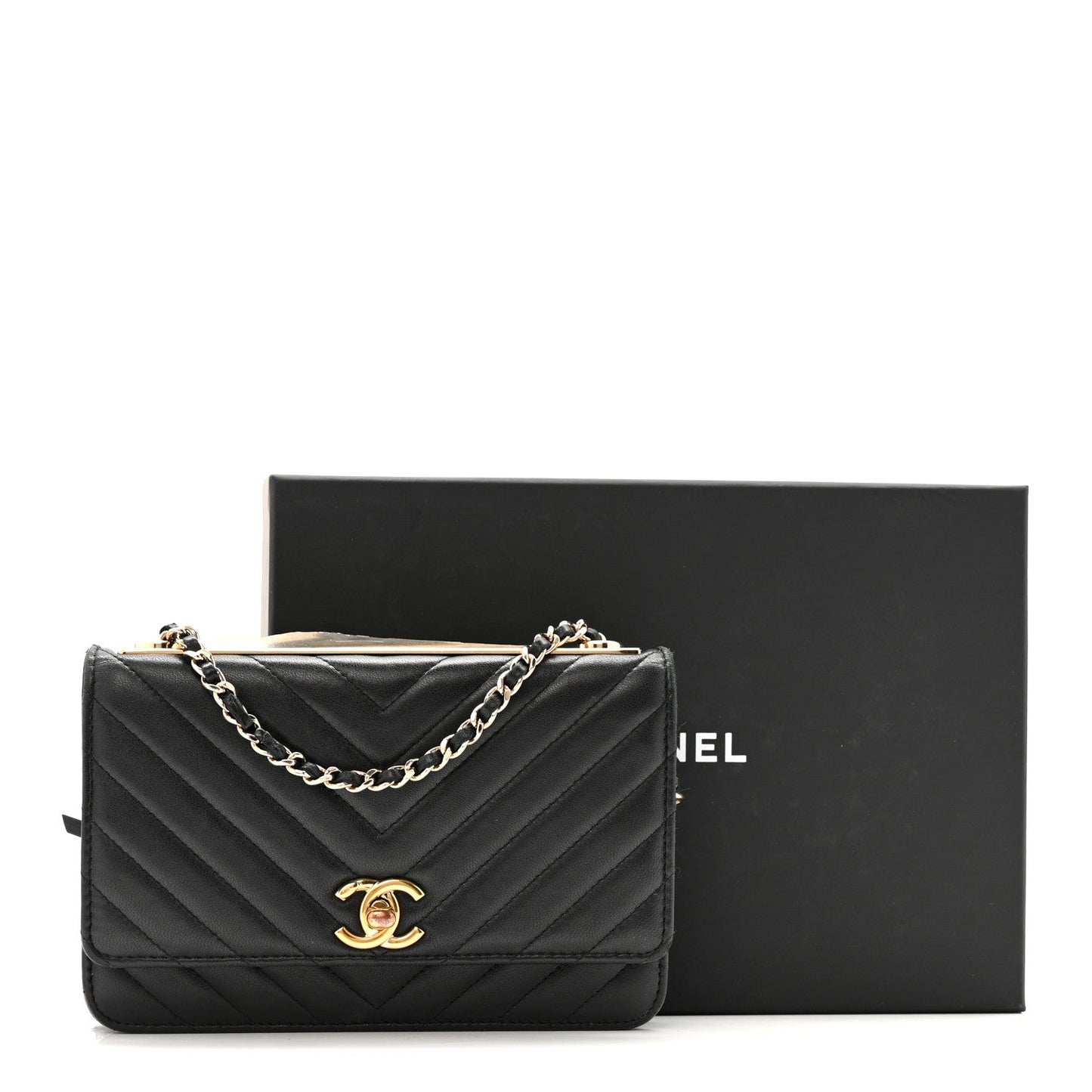 Lambskin Chevron Quilted Trendy CC Wallet On Chain WOC Black