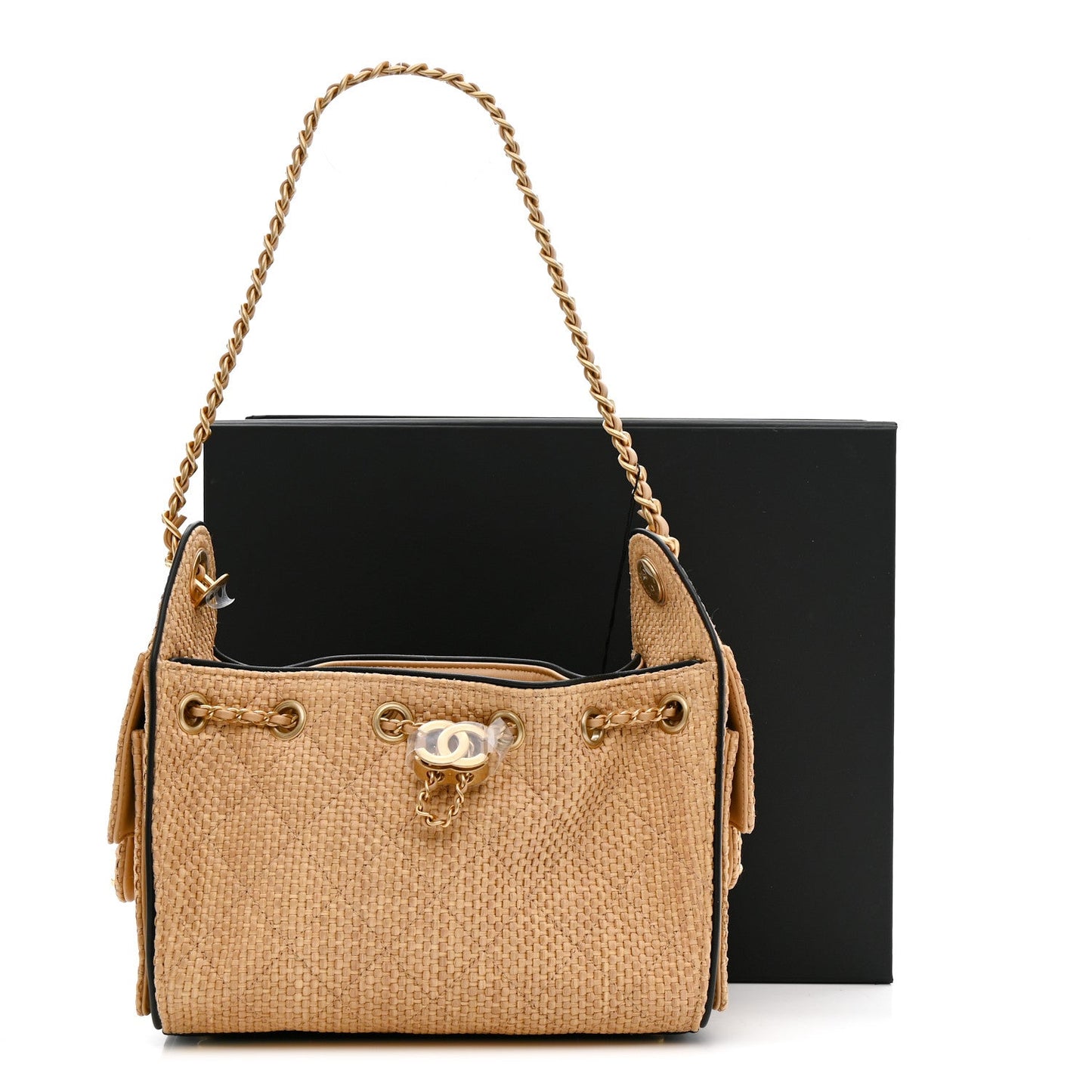 Braided Raffia Calfskin Quilted Mini Chanel 25 Handbag Beige Black