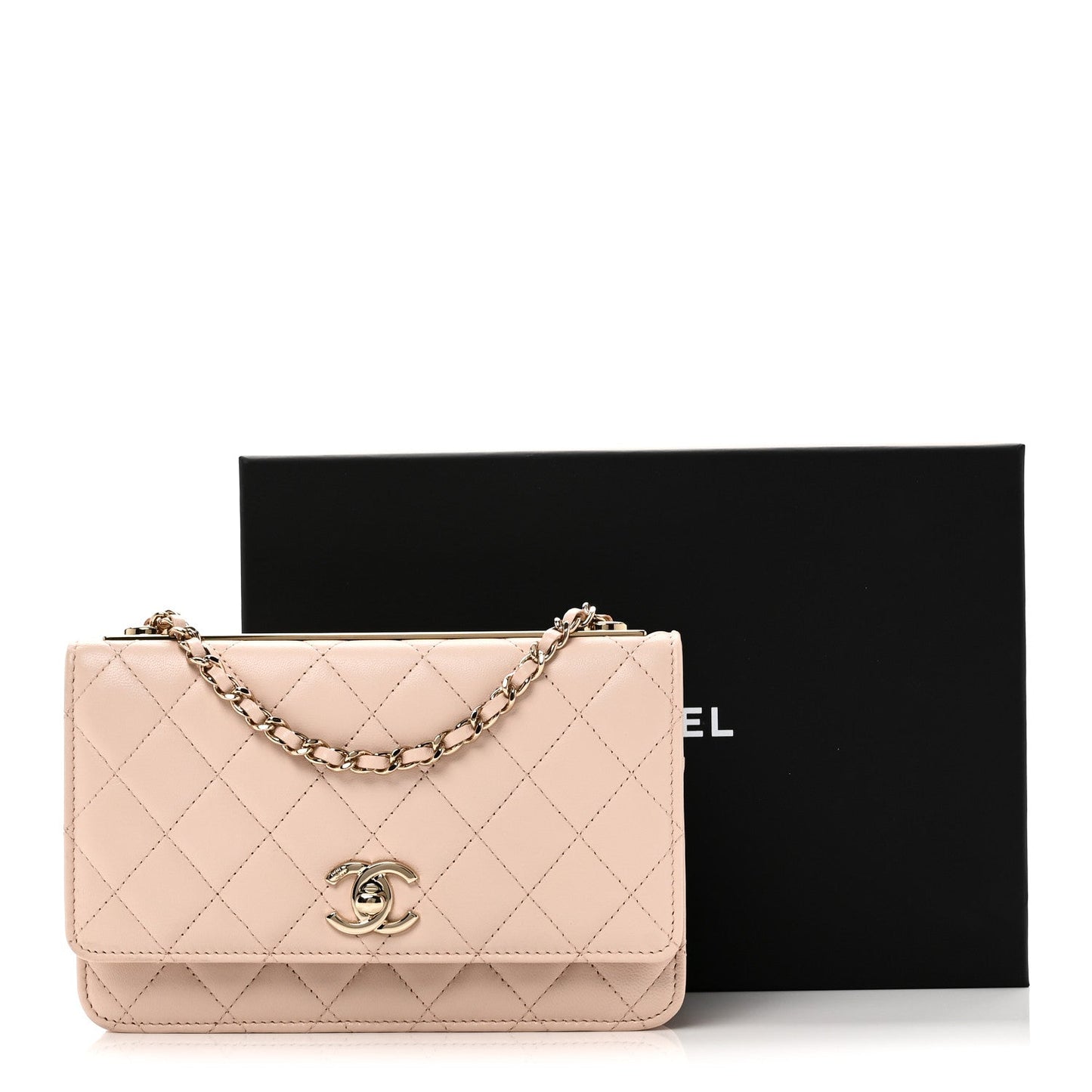 Lambskin Quilted Trendy CC Wallet On Chain WOC Light Beige