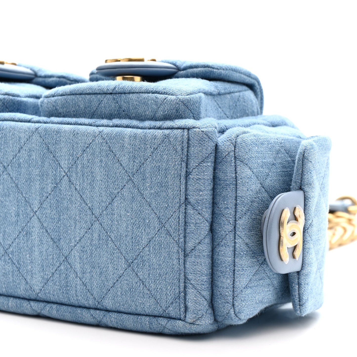 Washed Denim Quilted Large Trendy Pockets Hobo Blue