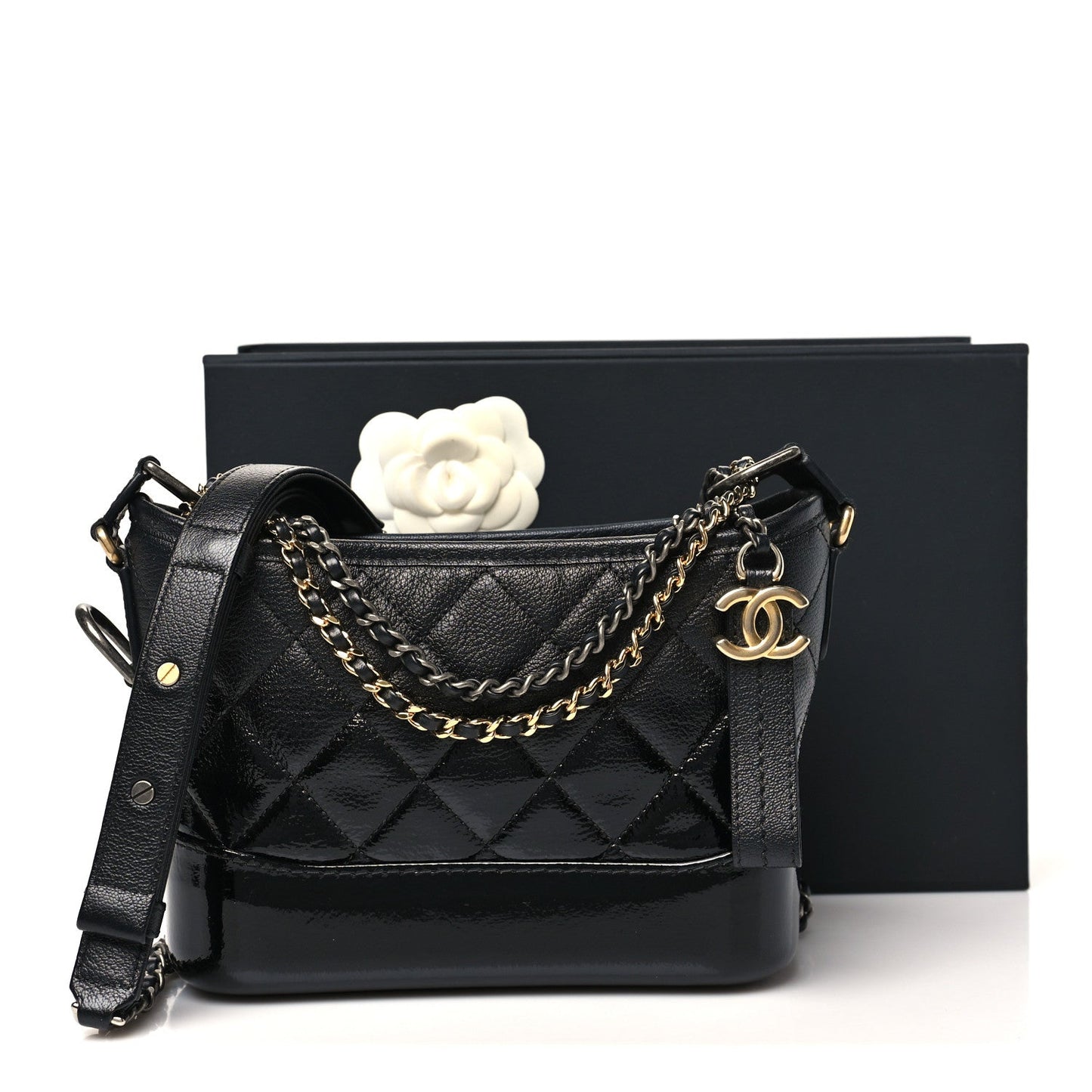 Patent Goatskin Quilted Small Gabrielle Hobo Black