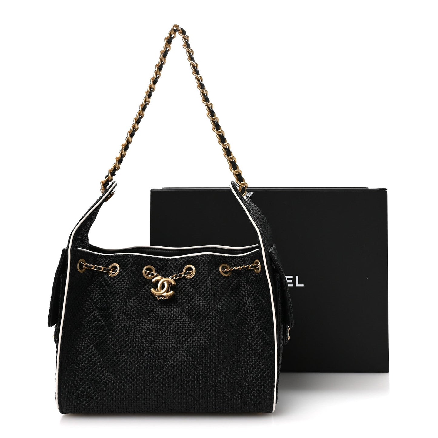 Braided Raffia Calfskin Small Chanel 25 Handbag Black White