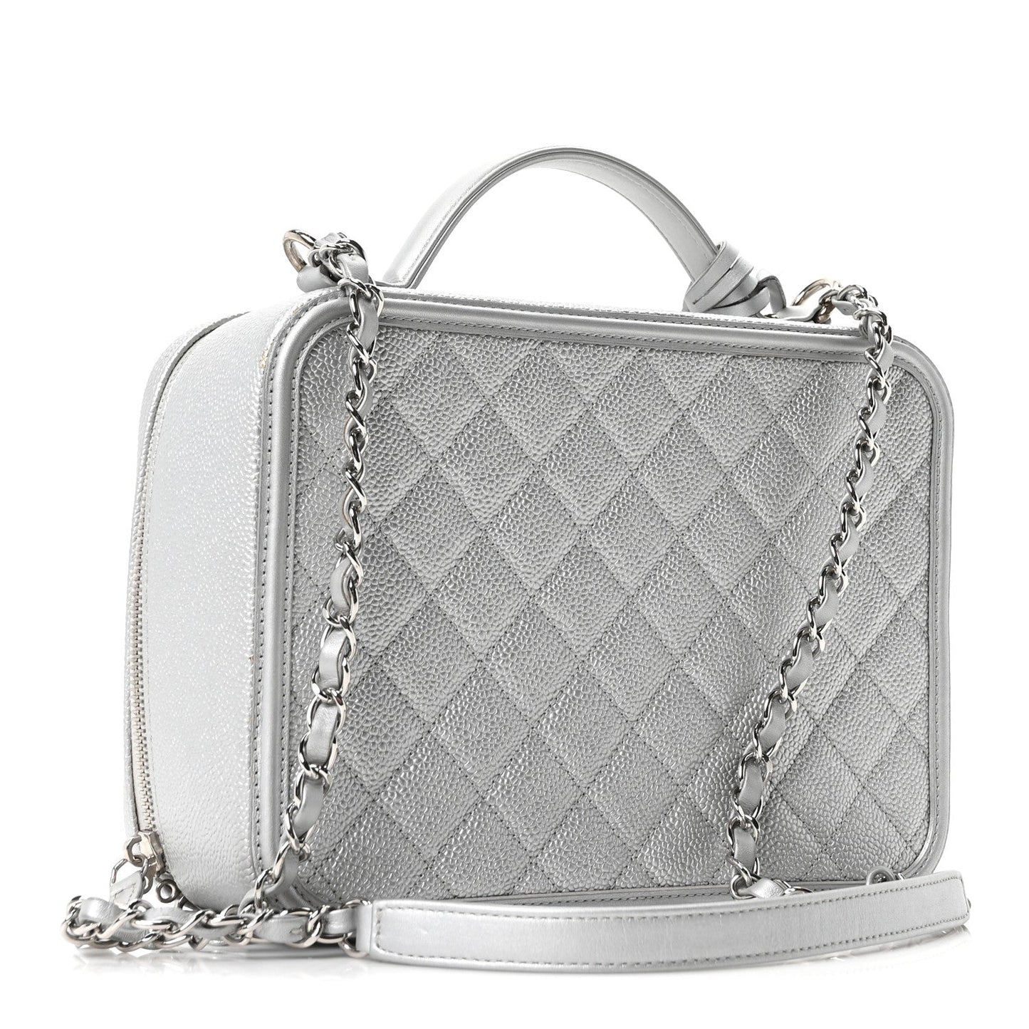 Metallic Caviar Quilted Large CC Filigree Vanity Case Silver