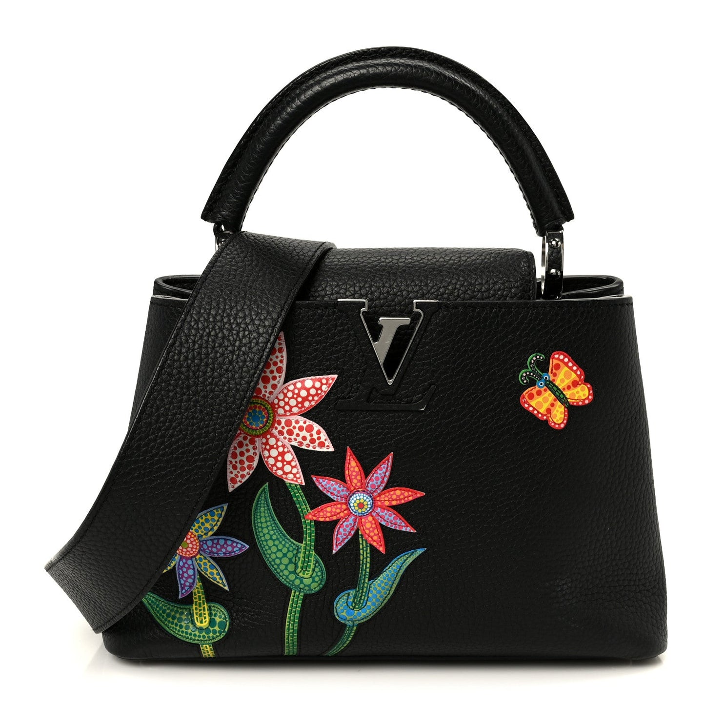 LV X YK Taurillon Inlaid Kusama Flowers Capucines BB Black