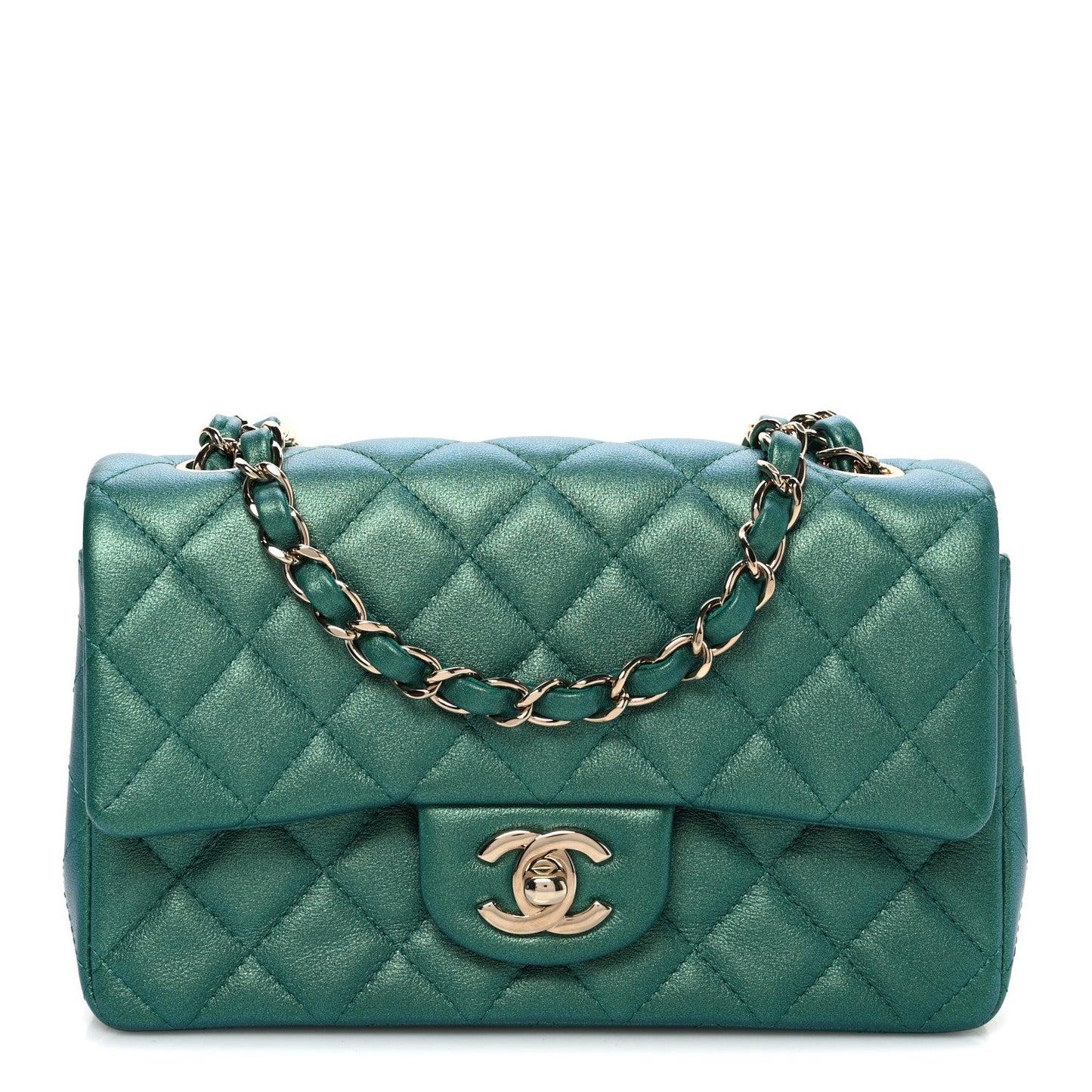 Iridescent Lambskin Quilted Mini Rectangular Flap Green