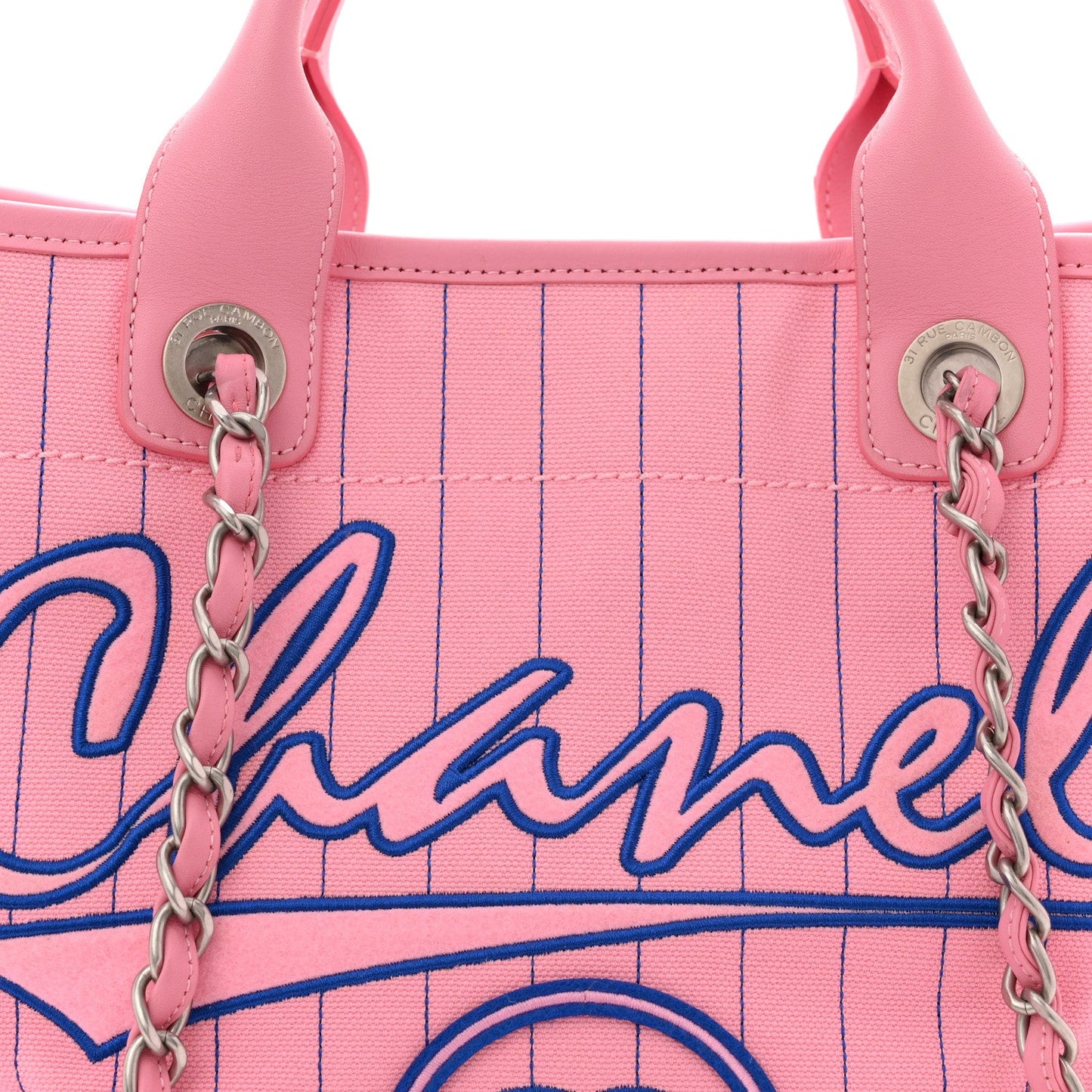 Canvas Calfskin Striped Large Deauville Tote Pink Blue