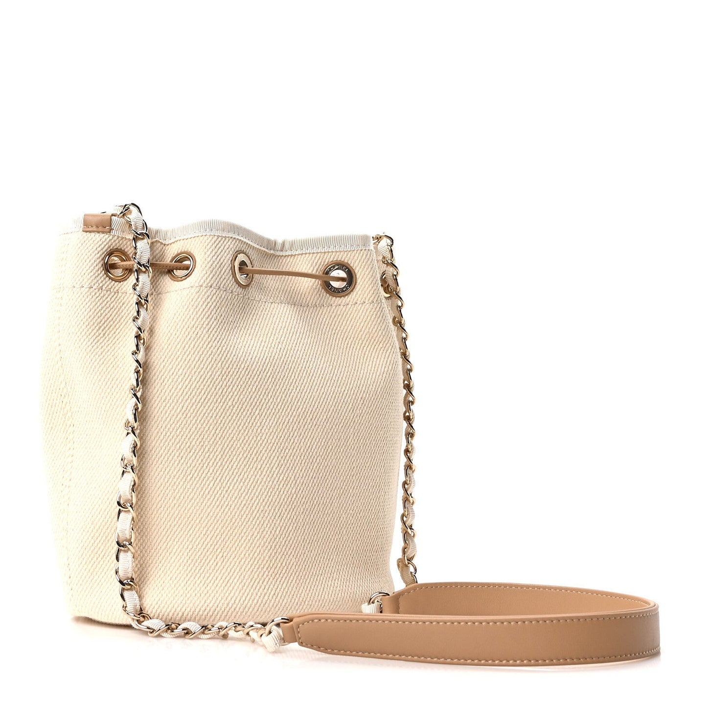 Canvas Pearl Deauville Drawstring Bucket Bag Ecru Beige