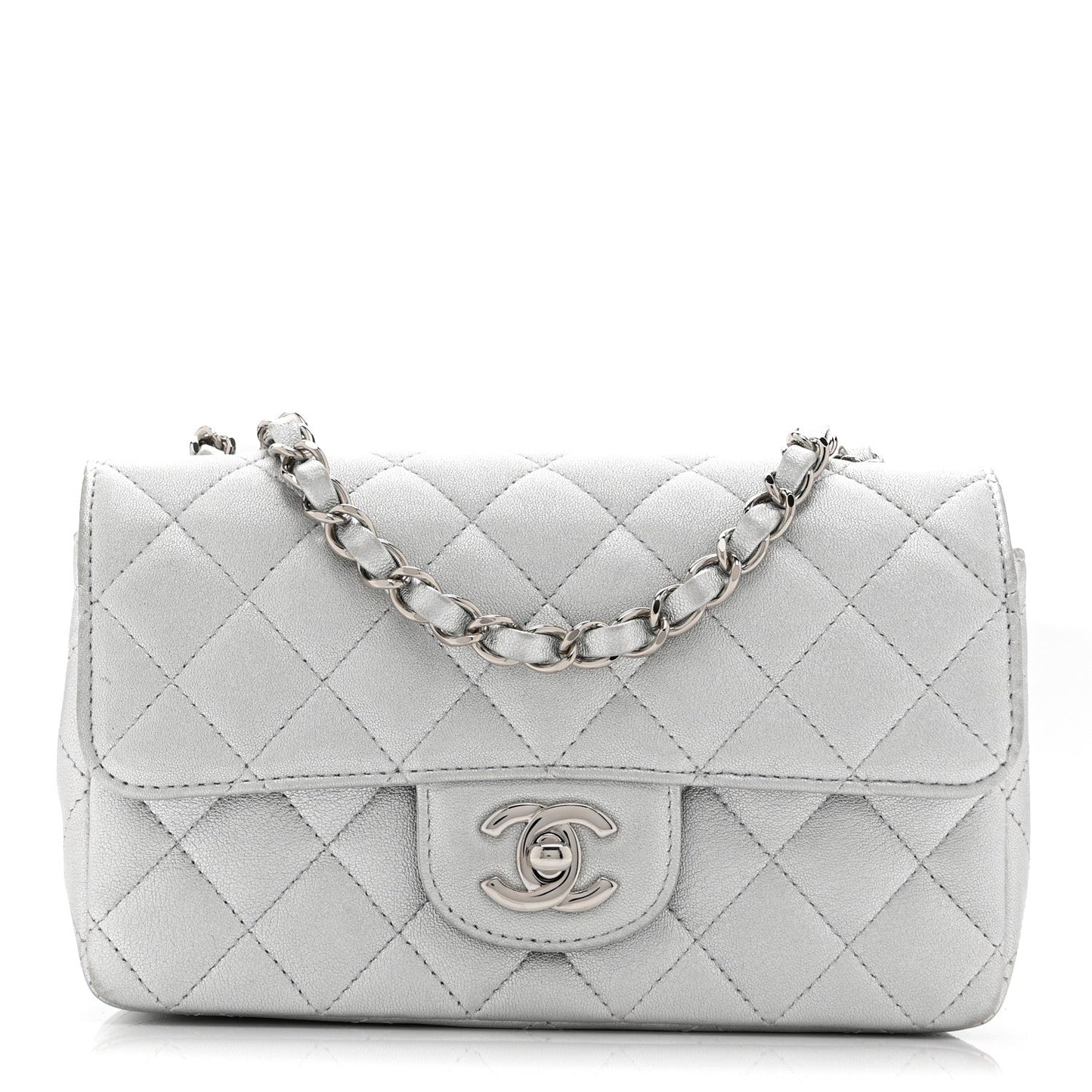 Metallic Lambskin Quilted Mini Rectangular Flap Silver