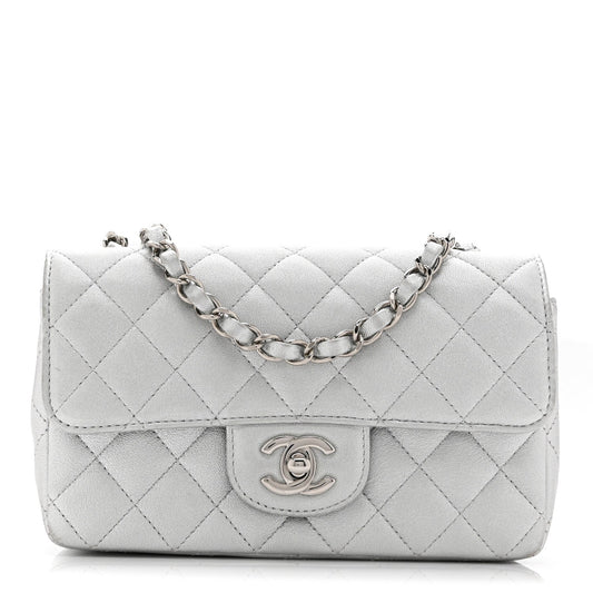 Metallic Lambskin Quilted Mini Rectangular Flap Silver