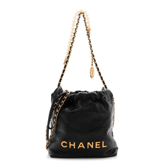 Shiny Crumpled Calfskin Quilted Pearl Mini Chanel 22 Black