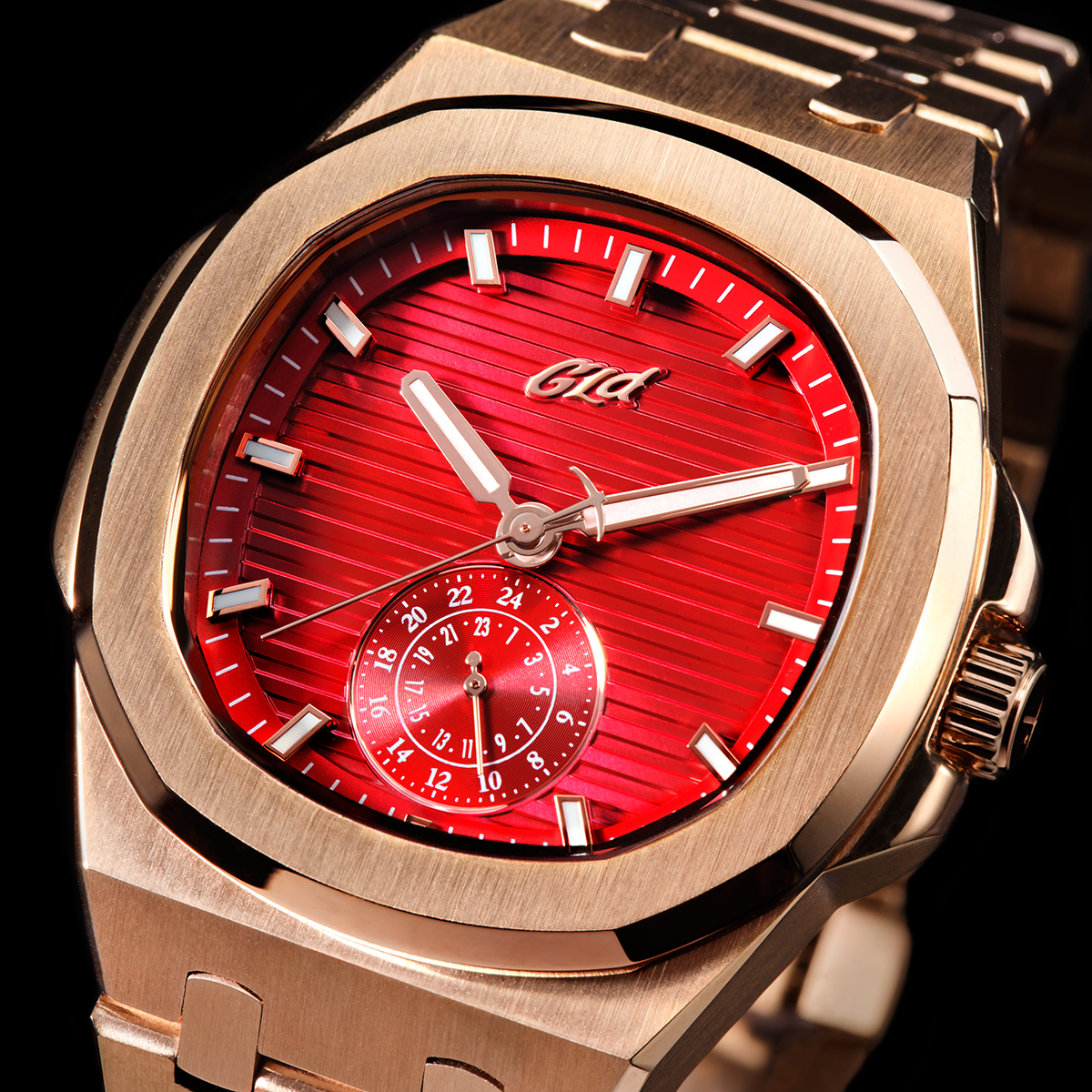 39MM Visionary Plain Case & Red Dial Watch - Rose Gold