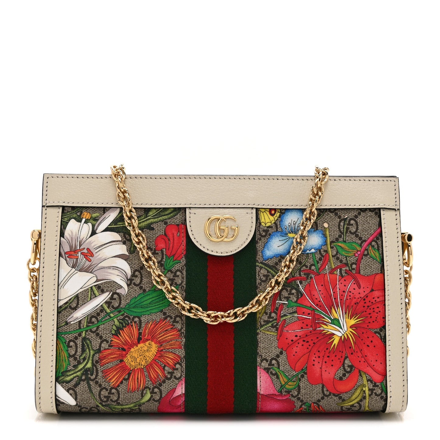 GG Supreme Monogram Flora Web Small Ophidia Chain Shoulder Bag White