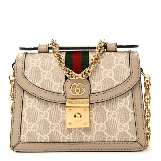 GG Supreme Monogram Textured Dollar Calfskin Web Mini Ophidia Padlock Top Handle Chain Shoulder Bag Beige Mystic White Oatmeal