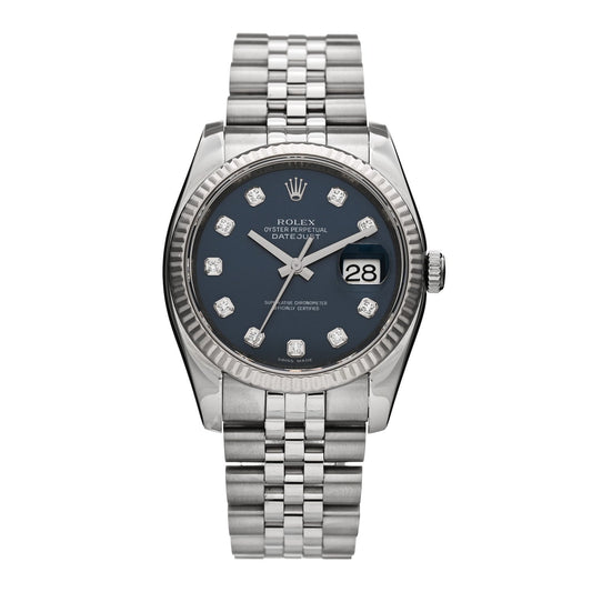 Stainless Steel 18K White Gold Diamond 36mm Oyster Perpetual Datejust Watch Blue 116234