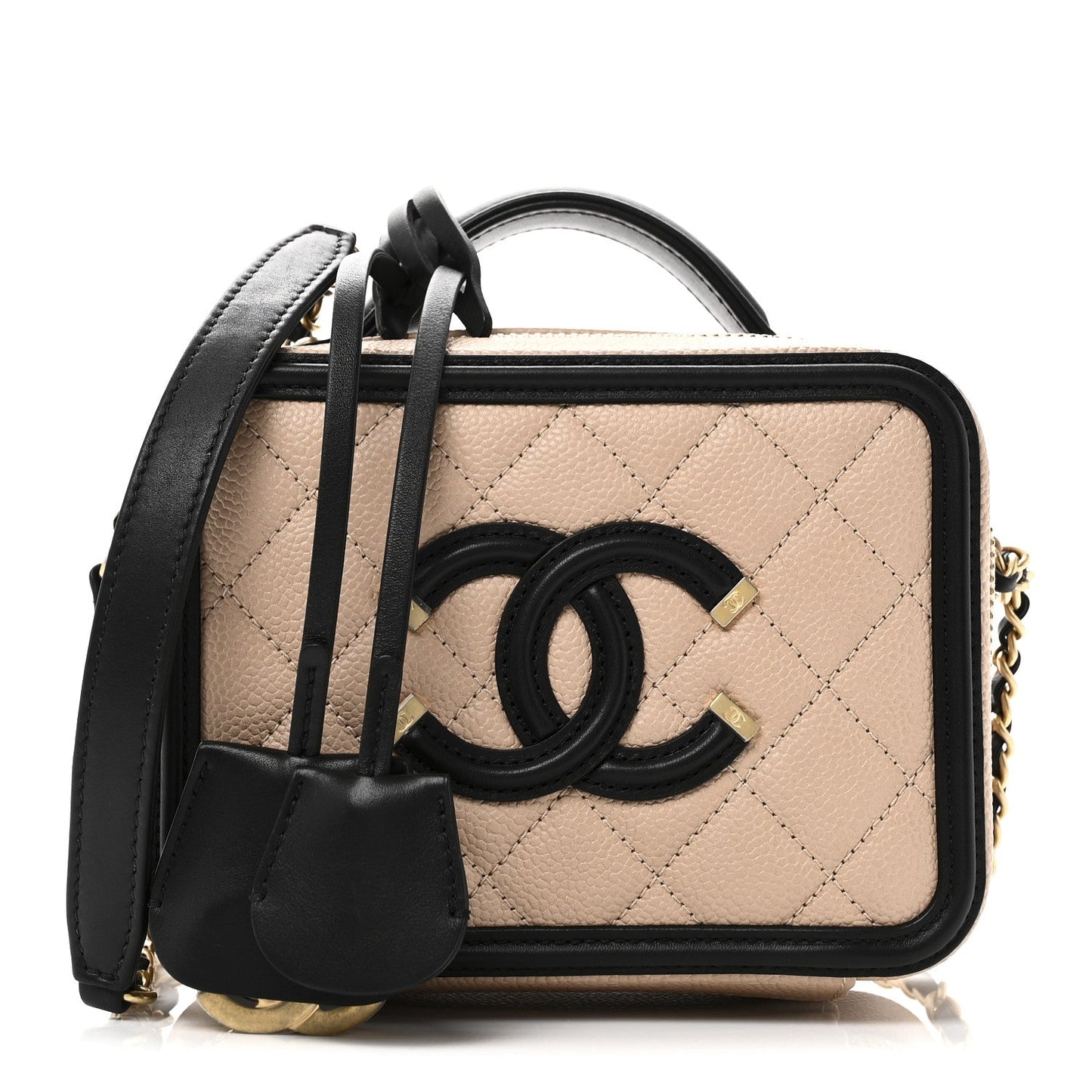 Caviar Quilted Small CC Filigree Vanity Case Beige Black