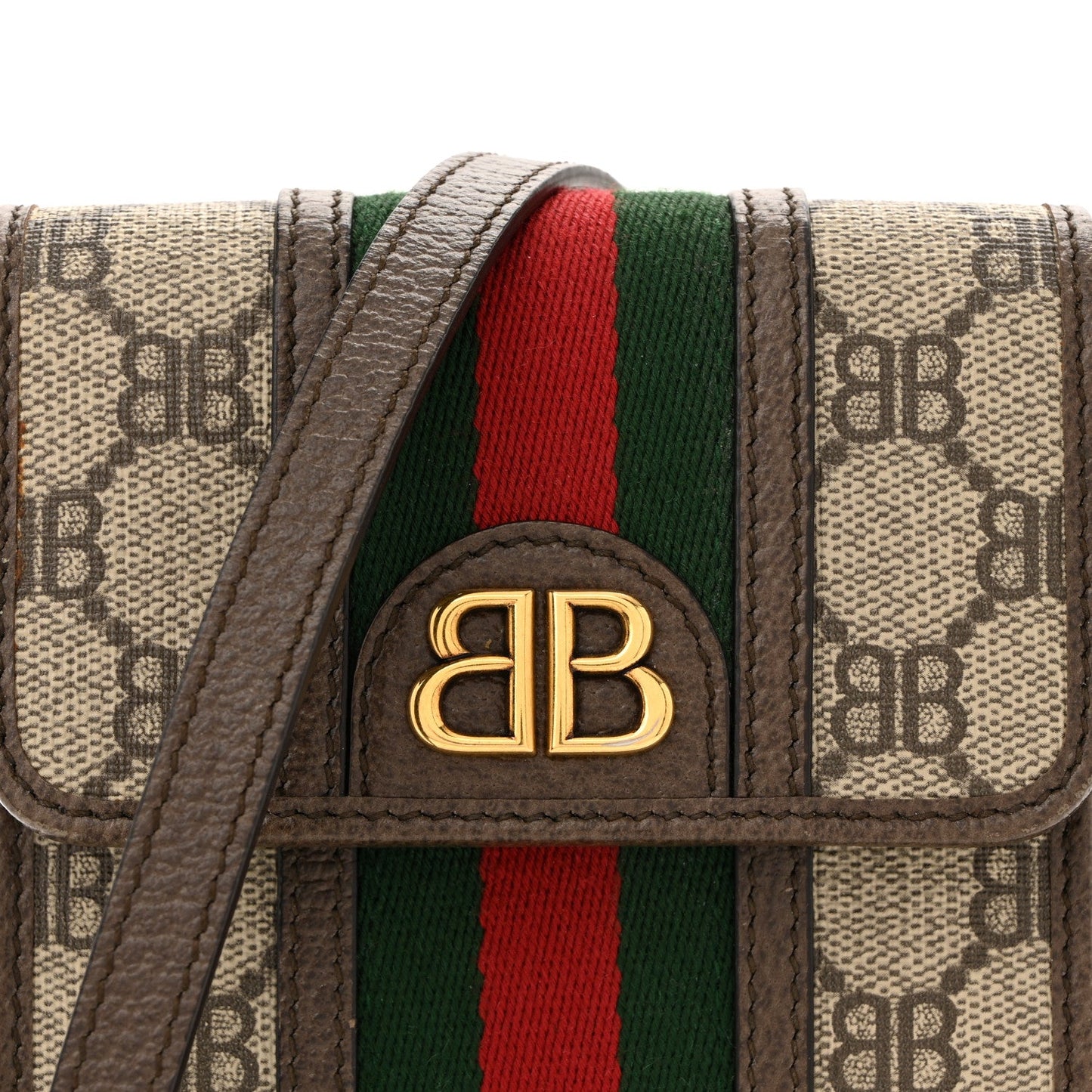 X BALENCIAGA BB Supreme Monogram Web Ophidia Phone Crossbody Bag Beige New Acero