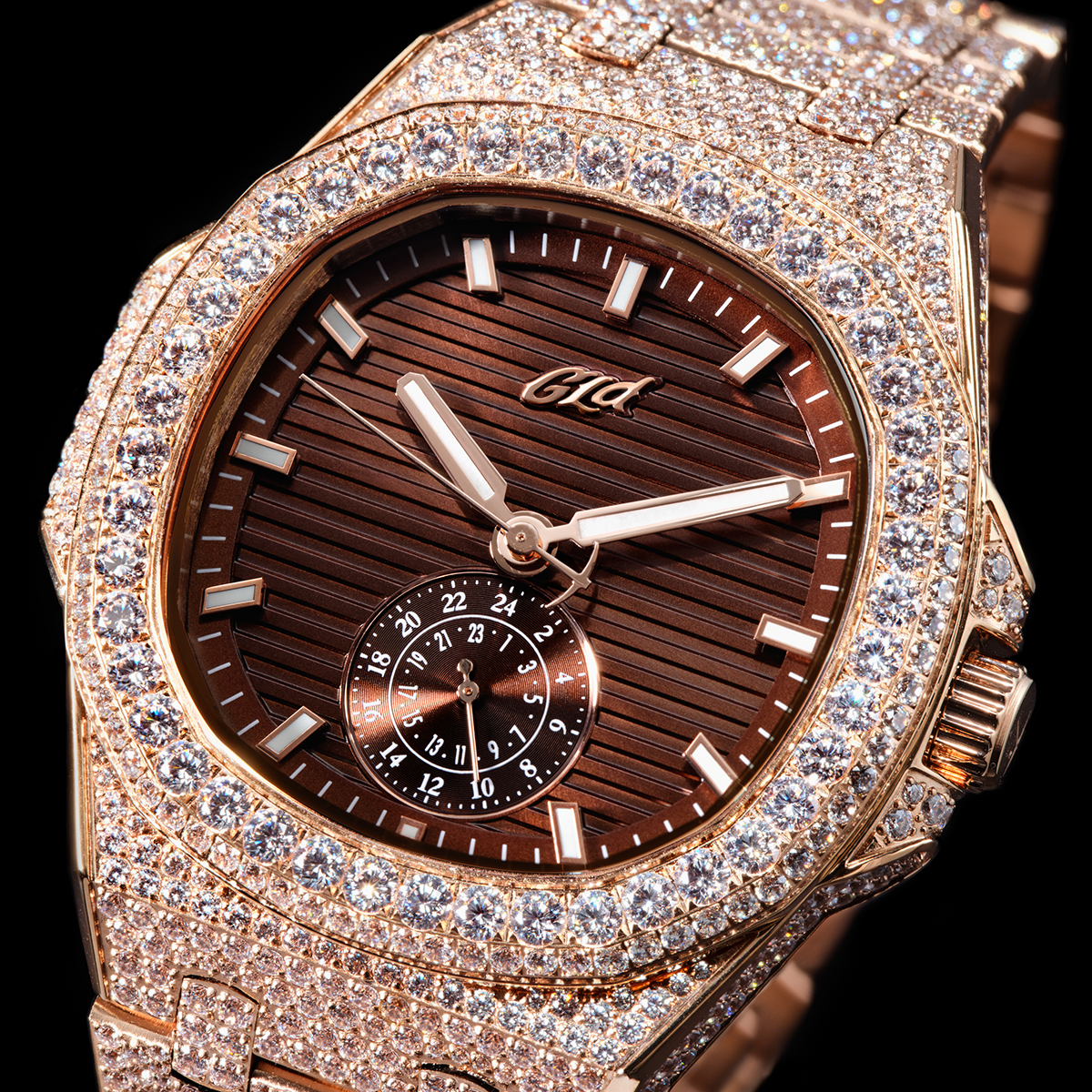 39MM Visionary Fully Iced Case & Chocolate Dial Watch - Rose Gold