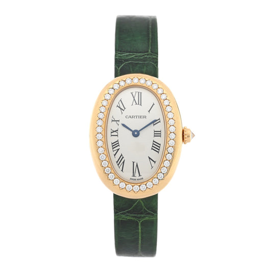 18K Yellow Gold Alligator Diamond Bezel 24mm Baignoire Quartz Watch