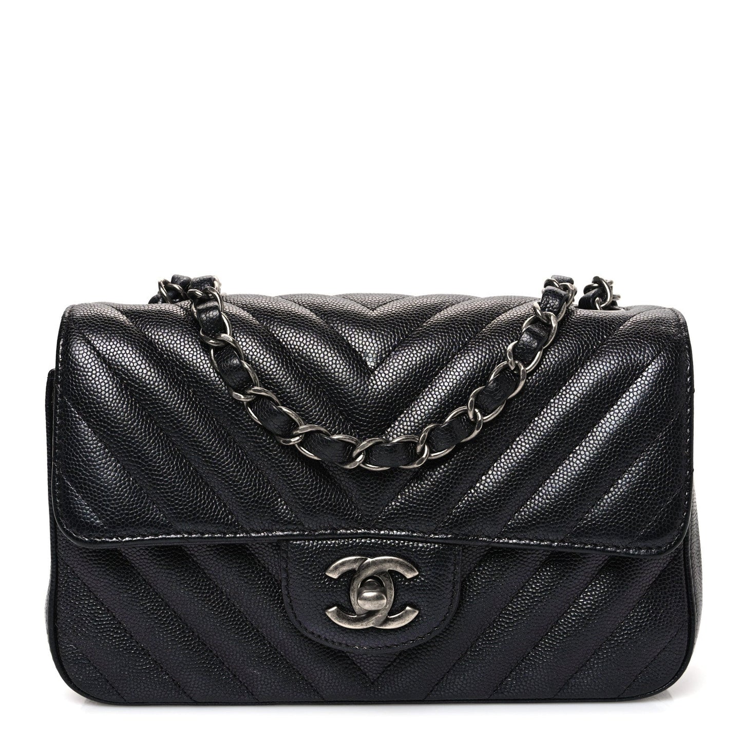 Metallic Caviar Chevron Quilted Mini Rectangular Flap Black