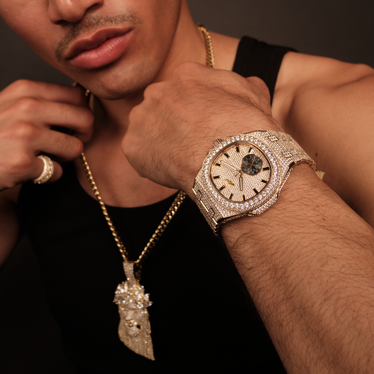 39MM Visionary Fully Iced Case & Steel Band Watch - Yellow Gold