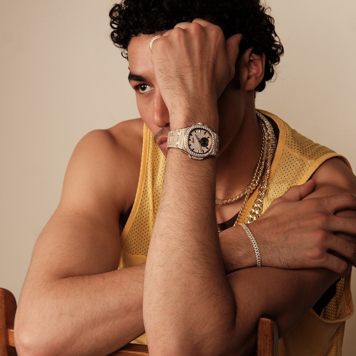 39MM Visionary Fully Iced Case & Steel Band Watch - Yellow Gold