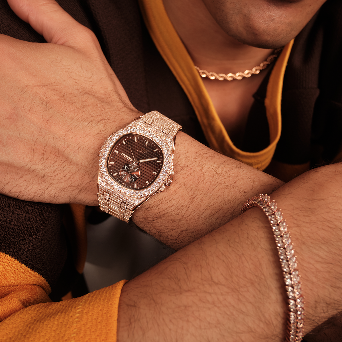 39MM Visionary Fully Iced Case & Chocolate Dial Watch - Rose Gold